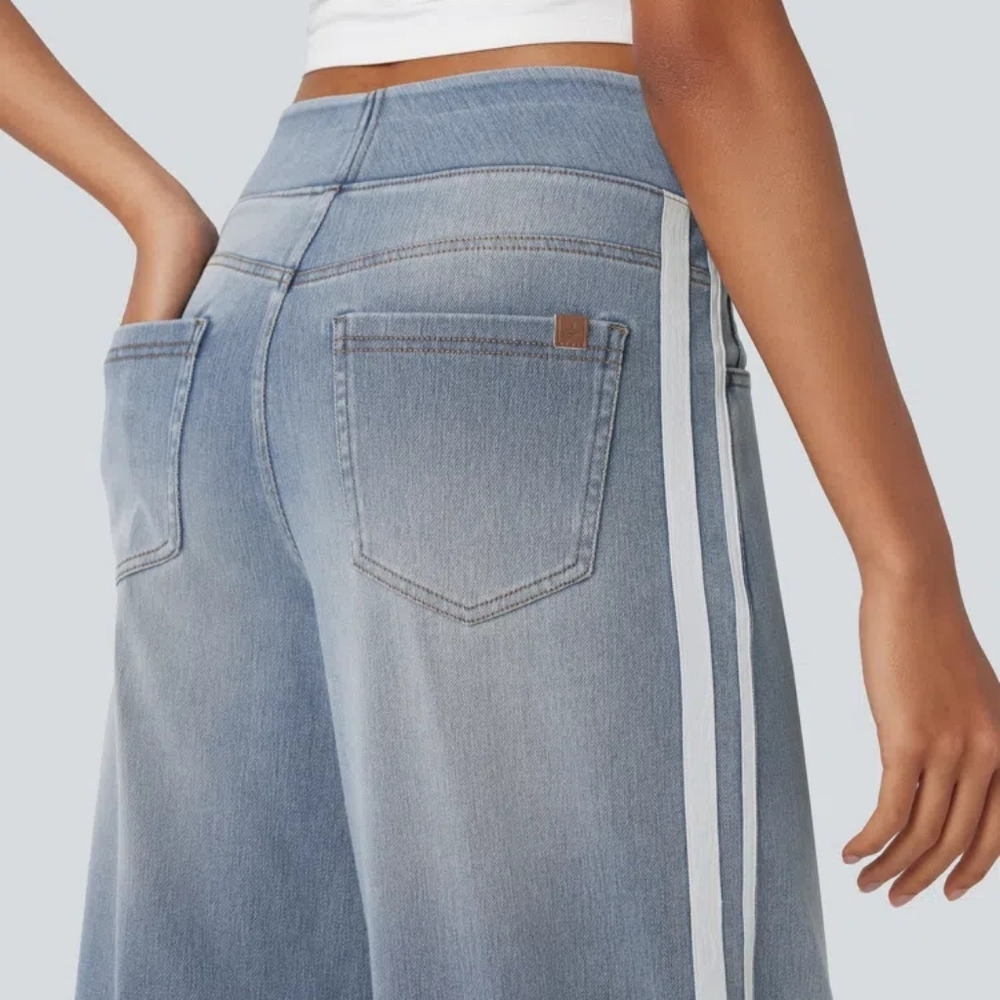 Halara Flex High Waisted Striped Wide Leg Wash Knit Jeans | M | Pockets | NWOT - Picture 2 of 4